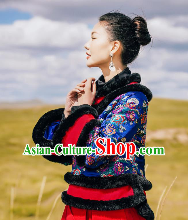 Chinese Traditional Woman Winter Outer Garment Costume Tang Suit Embroidered Royalblue Cotton Wadded Jacket