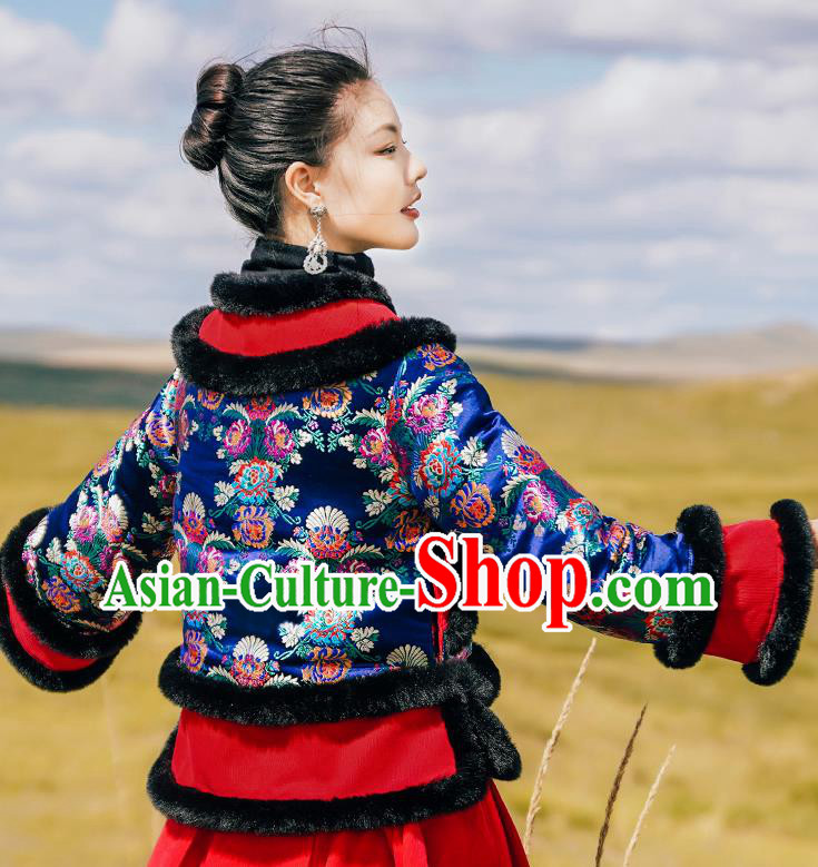 Chinese Traditional Woman Winter Outer Garment Costume Tang Suit Embroidered Royalblue Cotton Wadded Jacket