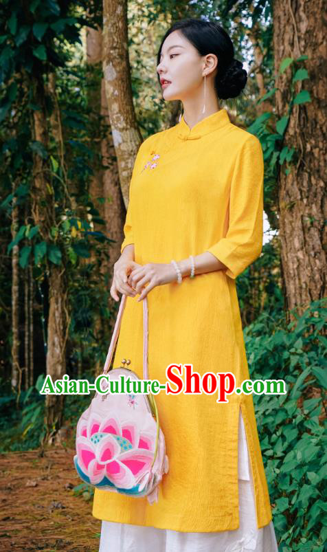 Chinese Traditional Stand Collar Yellow Qipao Dress National Young Lady Embroidered Cheongsam Costume