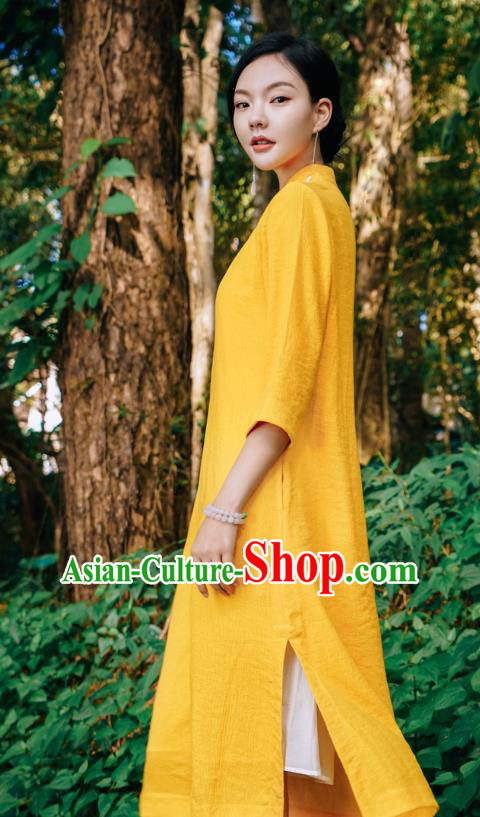 Chinese Traditional Stand Collar Yellow Qipao Dress National Young Lady Embroidered Cheongsam Costume