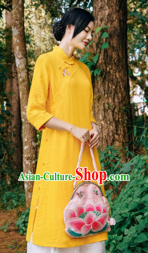 Chinese Traditional Stand Collar Yellow Qipao Dress National Young Lady Embroidered Cheongsam Costume