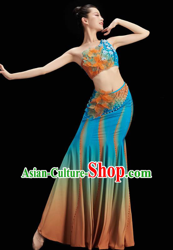 Chinese Yunnan Ethnic Peacock Dance Blue Dress Outfits Traditional Dai Nationality Folk Dance Costumes
