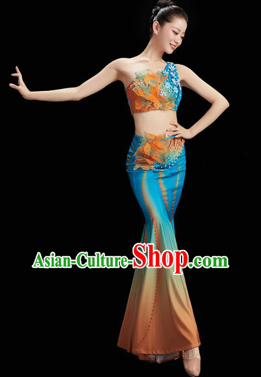Chinese Yunnan Ethnic Peacock Dance Blue Dress Outfits Traditional Dai Nationality Folk Dance Costumes