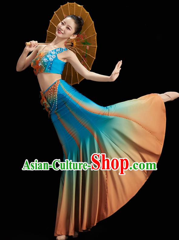 Chinese Yunnan Ethnic Peacock Dance Blue Dress Outfits Traditional Dai Nationality Folk Dance Costumes