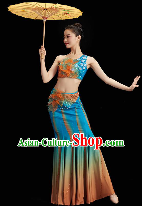 Chinese Yunnan Ethnic Peacock Dance Blue Dress Outfits Traditional Dai Nationality Folk Dance Costumes