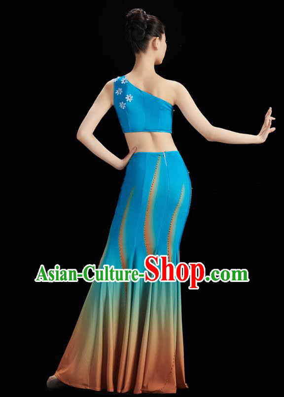 Chinese Yunnan Ethnic Peacock Dance Blue Dress Outfits Traditional Dai Nationality Folk Dance Costumes