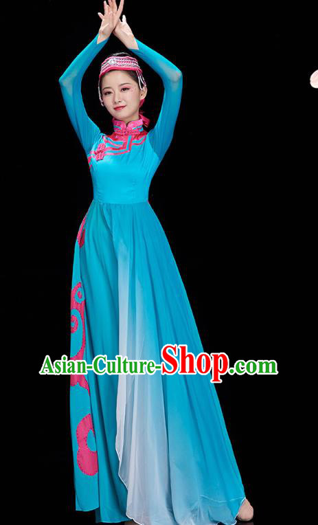 Chinese Mongolian Ethnic Dance Blue Dress Outfits Traditional Mongol Nationality Performance Costumes