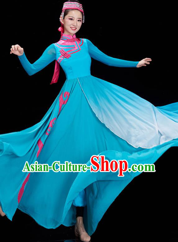 Chinese Mongolian Ethnic Dance Blue Dress Outfits Traditional Mongol Nationality Performance Costumes