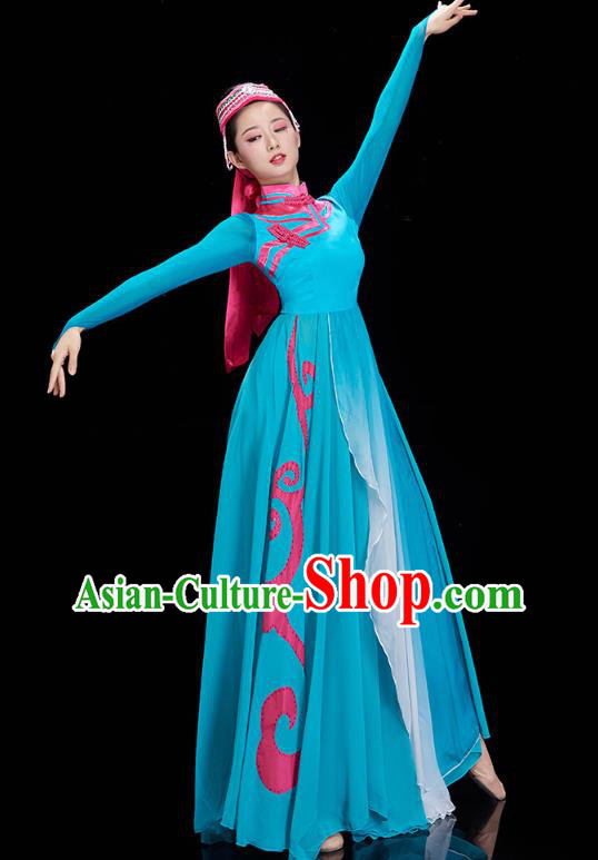 Chinese Mongolian Ethnic Dance Blue Dress Outfits Traditional Mongol Nationality Performance Costumes