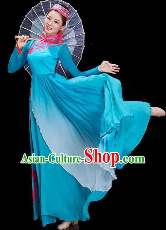 Chinese Mongolian Ethnic Dance Blue Dress Outfits Traditional Mongol Nationality Performance Costumes