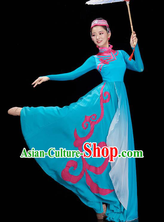 Chinese Mongolian Ethnic Dance Blue Dress Outfits Traditional Mongol Nationality Performance Costumes