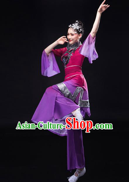 China Traditional Folk Dance Purple Outfits New Year Jiaozhou Yangko Dance Clothing