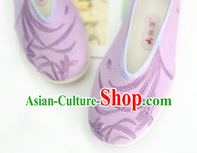 China Embroidered Orchids Shoes Traditional Qing Dynasty Court Lady Shoes Handmade Violet Cloth Shoes