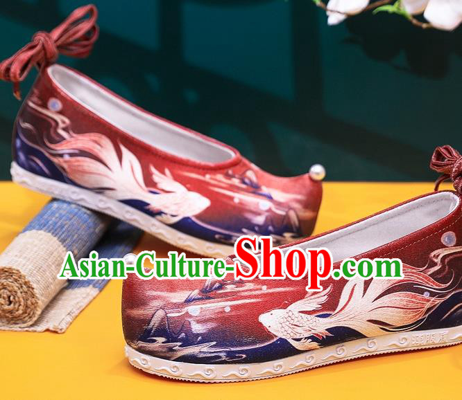 China Classical Goldfish Pattern Red Cloth Shoes Traditional Hanfu Shoes Handmade Ming Dynasty Princess Shoes