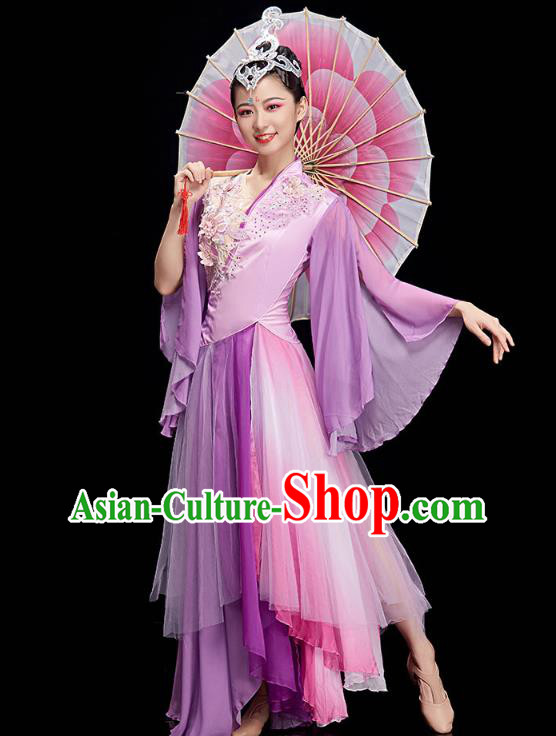 China Umbrella Dance Clothing Classical Dance Lilac Dress Traditional Woman Solo Dance Costume