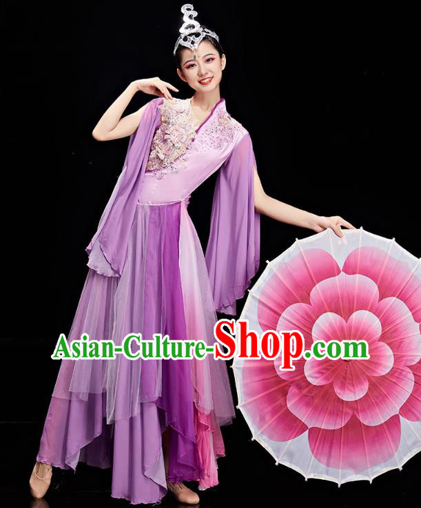 China Umbrella Dance Clothing Classical Dance Lilac Dress Traditional Woman Solo Dance Costume