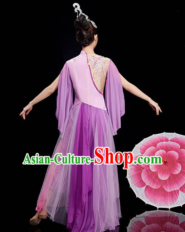 China Umbrella Dance Clothing Classical Dance Lilac Dress Traditional Woman Solo Dance Costume