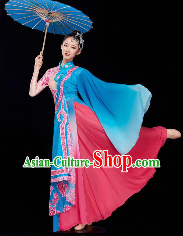 China Classical Dance Blue Dress Traditional Woman Solo Dance Costume Umbrella Dance Clothing