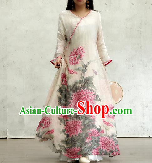 Chinese Printing Peony White Flax Qipao Dress Traditional National Woman Costume