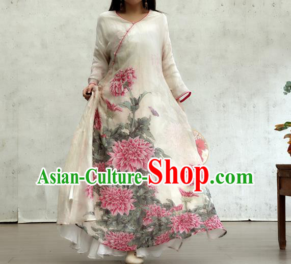 Chinese Printing Peony White Flax Qipao Dress Traditional National Woman Costume