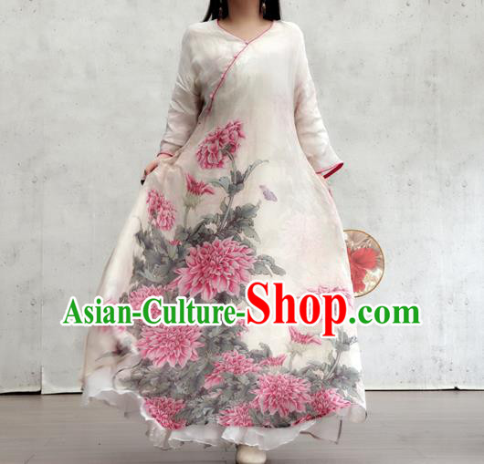 Chinese Printing Peony White Flax Qipao Dress Traditional National Woman Costume