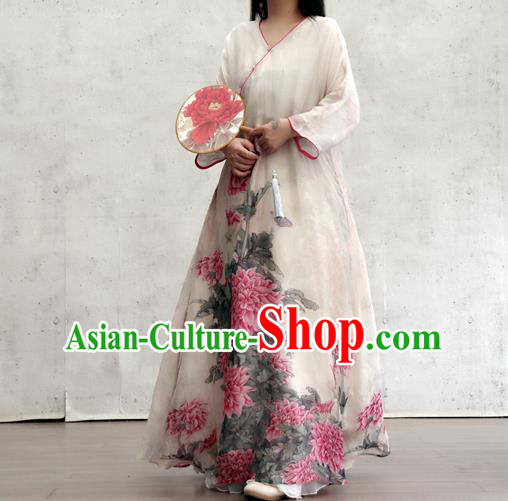Chinese Printing Peony White Flax Qipao Dress Traditional National Woman Costume