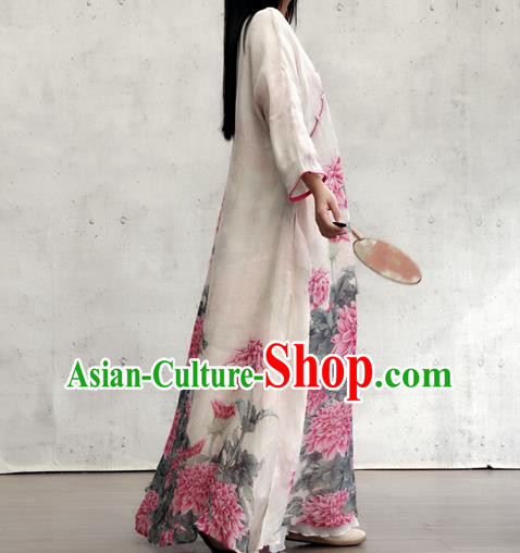 Chinese Printing Peony White Flax Qipao Dress Traditional National Woman Costume
