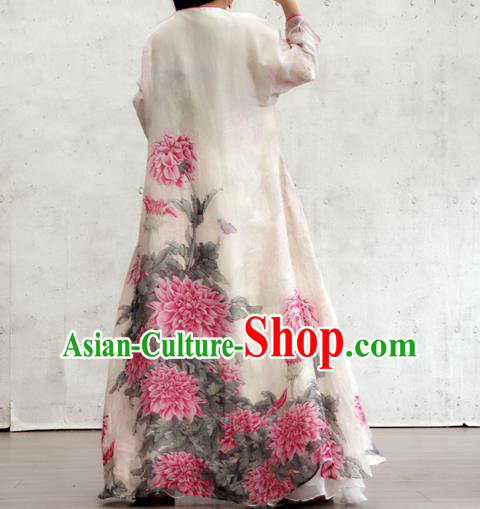 Chinese Printing Peony White Flax Qipao Dress Traditional National Woman Costume