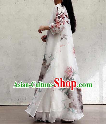 Chinese Traditional National Woman Costume Printing Peony Cat White Flax Qipao Dress