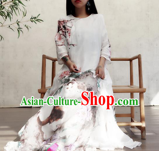 Chinese Traditional National Woman Costume Printing Peony Cat White Flax Qipao Dress