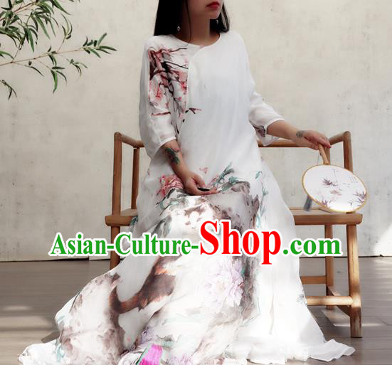 Chinese Traditional National Woman Costume Printing Peony Cat White Flax Qipao Dress