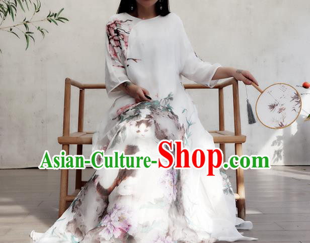 Chinese Traditional National Woman Costume Printing Peony Cat White Flax Qipao Dress