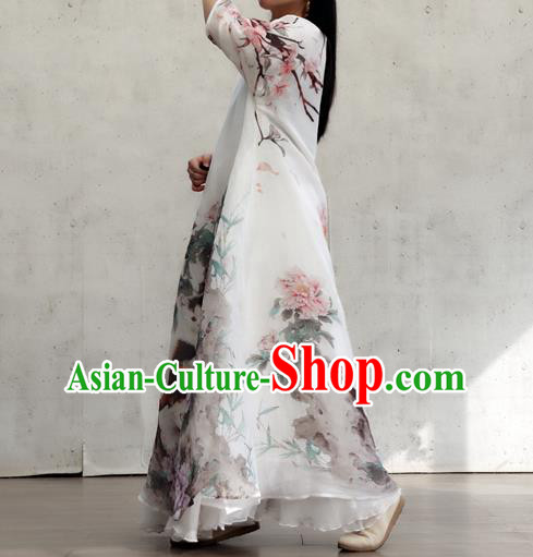 Chinese Traditional National Woman Costume Printing Peony Cat White Flax Qipao Dress