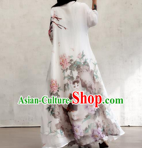Chinese Traditional National Woman Costume Printing Peony Cat White Flax Qipao Dress