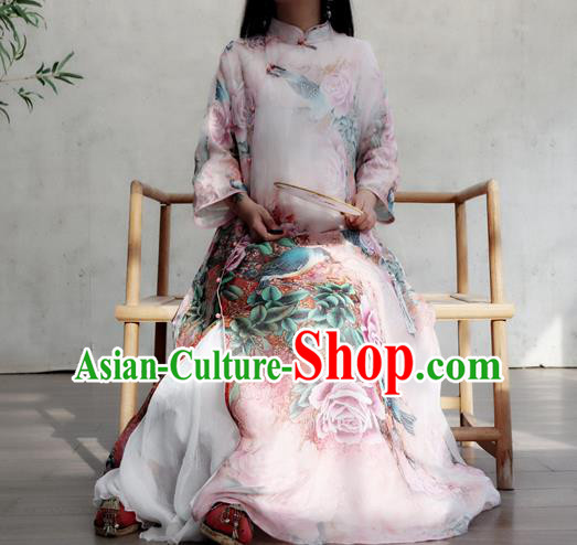 Chinese Traditional Stand Collar Flax Cheongsam National Woman Costume Printing Rose Lilac Qipao Dress