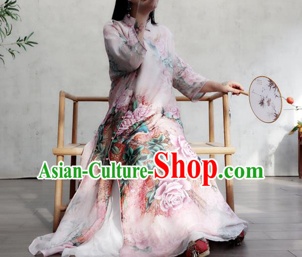 Chinese Traditional Stand Collar Flax Cheongsam National Woman Costume Printing Rose Lilac Qipao Dress