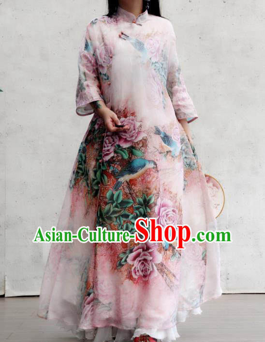 Chinese Traditional Stand Collar Flax Cheongsam National Woman Costume Printing Rose Lilac Qipao Dress