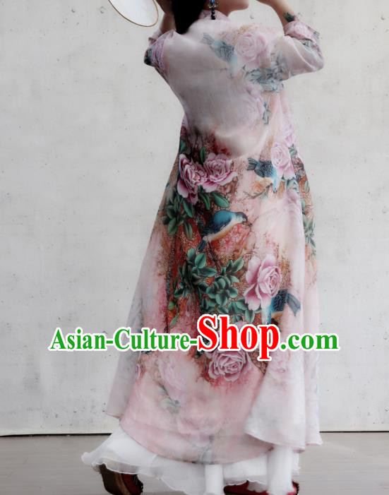 Chinese Traditional Stand Collar Flax Cheongsam National Woman Costume Printing Rose Lilac Qipao Dress