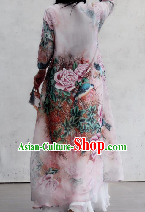 Chinese Traditional Stand Collar Flax Cheongsam National Woman Costume Printing Rose Lilac Qipao Dress