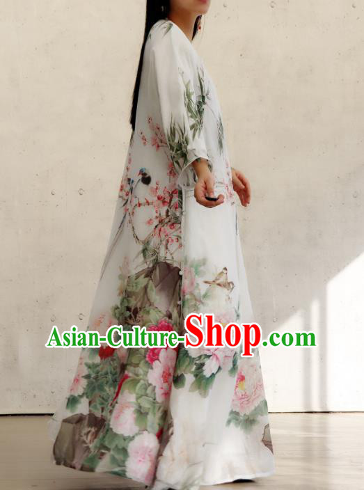 Chinese Traditional Printing Peony White Qipao Dress Stand Collar Cheongsam National Woman Costume