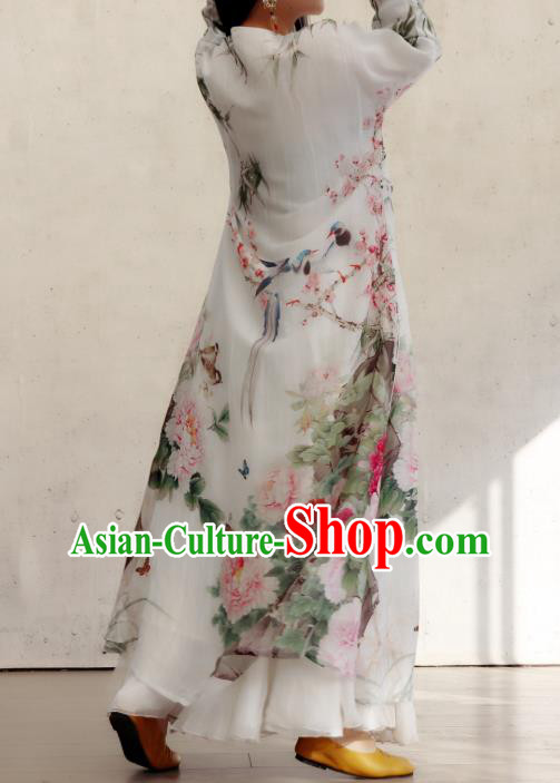 Chinese Traditional Printing Peony White Qipao Dress Stand Collar Cheongsam National Woman Costume