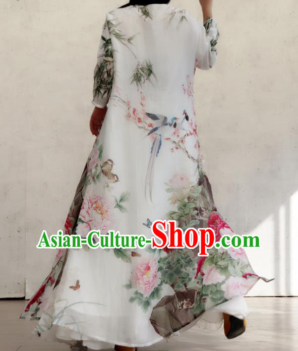 Chinese Traditional Printing Peony White Qipao Dress Stand Collar Cheongsam National Woman Costume