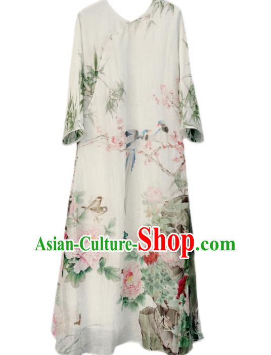 Chinese Traditional Printing Peony White Qipao Dress Stand Collar Cheongsam National Woman Costume