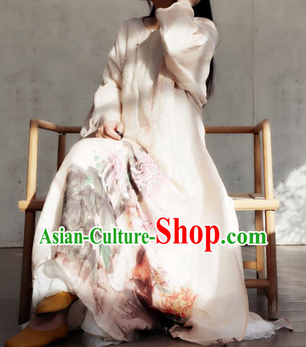 Chinese National Woman Costume Traditional Printing Chrysanthemum Cat White Qipao Dress Stand Collar Cheongsam