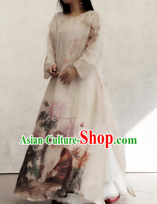 Chinese National Woman Costume Traditional Printing Chrysanthemum Cat White Qipao Dress Stand Collar Cheongsam