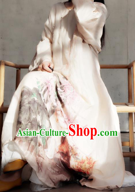 Chinese National Woman Costume Traditional Printing Chrysanthemum Cat White Qipao Dress Stand Collar Cheongsam