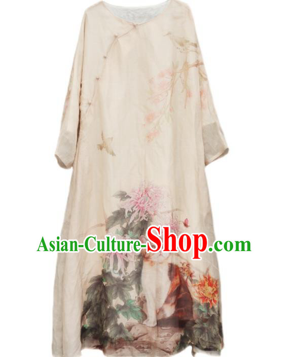 Chinese National Woman Costume Traditional Printing Chrysanthemum Cat White Qipao Dress Stand Collar Cheongsam