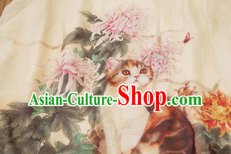Chinese National Woman Costume Traditional Printing Chrysanthemum Cat White Qipao Dress Stand Collar Cheongsam