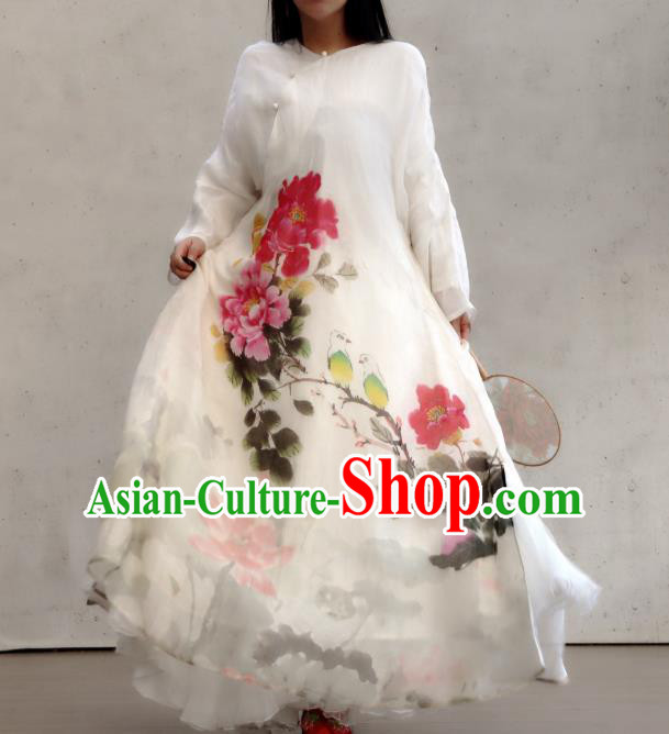 Chinese Slant Opening Cheongsam National Woman Costume Traditional Printing Peony Lotus White Qipao Dress