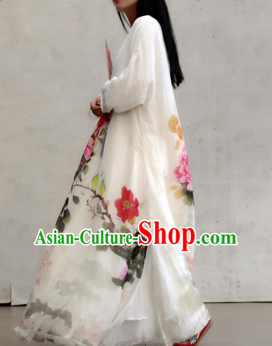 Chinese Slant Opening Cheongsam National Woman Costume Traditional Printing Peony Lotus White Qipao Dress